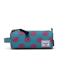 Load image into Gallery viewer, Front panel view of the turquoise pencil case with pink donuts print.