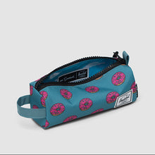 Load image into Gallery viewer, Blue pencil case with pink donuts pattern. The main compartment is unzipped.