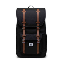 Load image into Gallery viewer, Front view of the black Little America backpack with tan brown straps and a white Herschel logo tag.