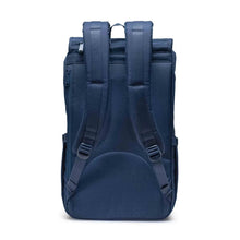 Load image into Gallery viewer, Back panel view of the navy blue backpack with padded shoulder straps.