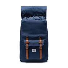 Load image into Gallery viewer, Front view of the navy blue backpack with the top lid flipped back.