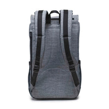 Load image into Gallery viewer, Back panel view of the gray and black raven crosshatch backpack.