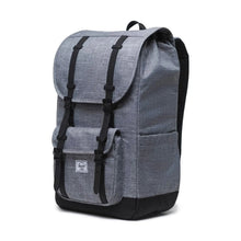 Load image into Gallery viewer, Angled front panel view of the raven crosshatch backpack.