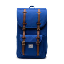 Load image into Gallery viewer, Front view of the royal blue Little America backpack with tan straps and white Herschel logo tag.