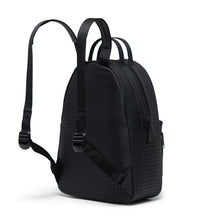 Load image into Gallery viewer, Angled back panel view of the black hounds tooth mini backpack. The adjustable shoulder straps are extended up.
