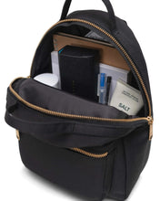 Load image into Gallery viewer, Interior view of the black mini backpack with stationery and accessories organized inside.