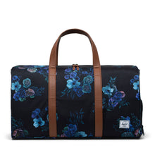 Load image into Gallery viewer, Front view of the evening floral duffle bag with tan grab handles.