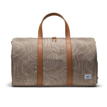Load image into Gallery viewer, Front panel view of the light brown duffle bag with topography print.