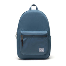 Load image into Gallery viewer, Front panel view of the Steel Blue backpack with Herschel logo tag.