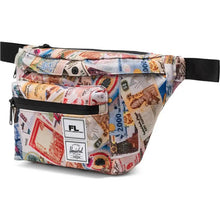 Load image into Gallery viewer, A multicolored hip belt bag with a foreign bills printed pattern, featuring a front compartments and an adjustable waist strap.