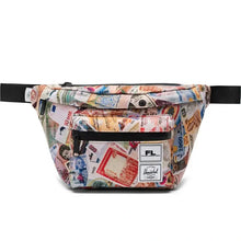 Load image into Gallery viewer, Front view of the hip bag with colorful foreign bills print pattern.