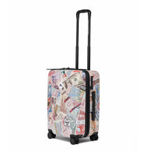 Load image into Gallery viewer, Herschel Futura Carry-On Spinner
Image of Right-Facing Side Panel View, showing TSA 3-Dial Combination Lock and side panel handle
Dimensions: 19.75"H x 13"W x 9"D
Capacity: 35L
Pattern: (For Love or Money (Futura Graffiti Artist)
Weight 6.15 lbs.