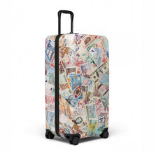 Load image into Gallery viewer, Angled front panel view of the hard shell suitcase with foreign bills print.