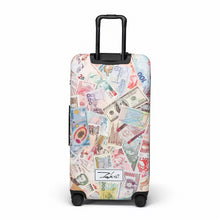 Load image into Gallery viewer, Back panel view of the hard shell suitcase with the foreign bills print.