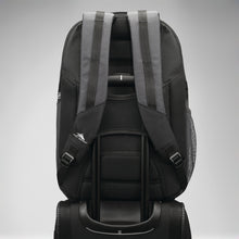Load image into Gallery viewer, Back panel view of the backpack attached to the telescopic handle of a suitcase.