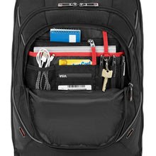 Load image into Gallery viewer, Front panel close up with the second pocket unzipped. Three credit cards, pens, a charging cable and keys are organized in the pockets.