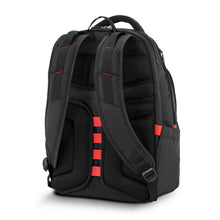 Load image into Gallery viewer, Angled back panel view of the black backpack.