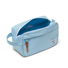Load image into Gallery viewer, Angled view of the bluebell crosshatch chapter kit bag with the main compartment unzipped.