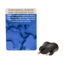 Load image into Gallery viewer, Front view of the Europe non-grounded plug with the included card. The text reads: Modifies Continental European style electrical outlets to accept voltage converters and North American non-grounded multi-voltage products.