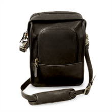 Load image into Gallery viewer, Front view of the brown leather crossbody bag. The adjustable shoulder strap is laid at the front.