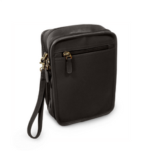 Load image into Gallery viewer, Angled back view of the brown leather crossbody bag. The shoulder strap is detached.