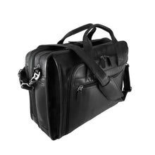 Load image into Gallery viewer, Dorado Leather Expandable Fan-File Brief - Black
Image of front angled view, showing matching leather shoulder strap
Dimensions:  17" X 12" X 5" (Expands to 7")