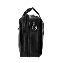 Load image into Gallery viewer, Side panel view of the black leather briefcase with the expandable feature zipped closed.
