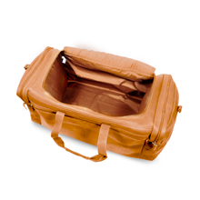 Load image into Gallery viewer, Angled interior view of the tan leather duffle bag.