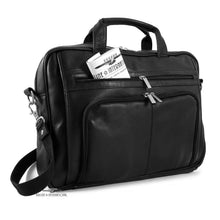 Load image into Gallery viewer, Angled front view of the black leather briefcase. A rolled newspaper is tucked and peeking out of the front pocket.