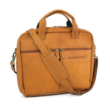 Load image into Gallery viewer, Front view of a tan leather slim briefcase with the adjustable shoulder strap resting cross the front.
