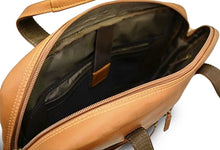 Load image into Gallery viewer, Angled interior view of the tan slim briefcase. It features a laptop pocket with a velcro strap.