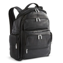 Load image into Gallery viewer, Angled front view off the black leather backpack with multiple zipper-closing pockets.