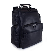 Load image into Gallery viewer, Angled front view of the black leather backpack with multiple zipper-closing pockets.