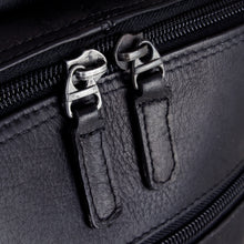 Load image into Gallery viewer, Close up to two zipper pulls on the black leather backpack.