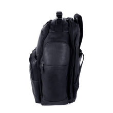 Load image into Gallery viewer, Side panel view of the black leather backpack. It features a U shaped zipper pocket.