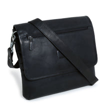 Load image into Gallery viewer, Angled front view of the black leather messenger bag. The shoulder strap is attached and resting across the front.