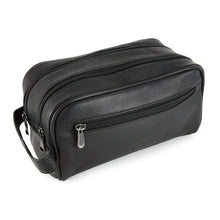 Load image into Gallery viewer, Angled front view of the black leather toiletry bag. It features two zipper main compartments and a front panel pocket.