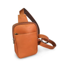 Load image into Gallery viewer, A small brown leather crossbody bag with a front zip pocket, shown on a white background.