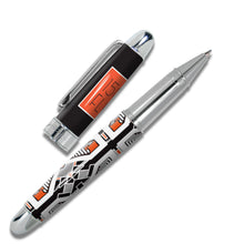 Load image into Gallery viewer, The rollerball Pen with the cap set net to it. Set on a white background. The cap is black and features a red mark with writing on it. The barrel has a series of designs in white, red-orange, black, and light gray. The trims on the pen are chrome.