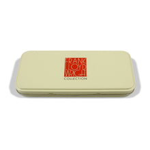 Load image into Gallery viewer, Top view of the pen case, set on a white background. The case is a cream-white color. The writing in the center reads FRANK LLOYD WRIGHT COLLECTION.