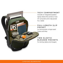 Load image into Gallery viewer, Briggs & Riley HTA Medium Slim Expandable Backpack - Hunter
Side Panel Image of Backpack showing Tech Compartment for Laptop and Tablet, Full-Length Pocket for storing legal sized files or folders, and two gusseted pockets for quick access to smart phone, charger, etc.
Dimensions: 16 in x 10.5 in x 6 in
Weight: 2.15 lbs.