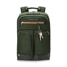 Load image into Gallery viewer, Briggs & Riley HTA Medium Slim Expandable Backpack - Hunter
Image of Front Panel View, with Front Zip Pocket that includes a keyring leash.
Dimensions: 16 in x 10.5 in x 6 in
Weight: 2.15 lbs.