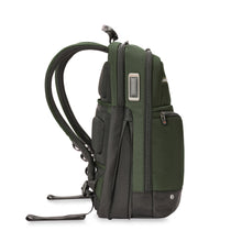 Load image into Gallery viewer, Briggs & Riley HTA Medium Slim Expandable Backpack - Hunter
Image of Side Panel View showing front panel on right and back panel on left. Shown with Expansion feature activated.
Dimensions: 16 in x 10.5 in x 6 in
Weight: 2.15 lbs.