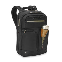 Load image into Gallery viewer, Briggs & Riley HTA Medium Slim Expandable Backpack - Black
Image of two U-Shaped zip pockets, ideal for water bottle or small travel thermos
Dimensions: 16 in x 10.5 in x 6 in
Weight: 2.15 lbs.