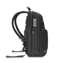 Load image into Gallery viewer, Briggs & Riley HTA Medium Slim Expandable Backpack - Black
Image of Backpack Side Panel with Leather Monogram Patch and Zippered Expandable Feature (shown in non-expanded position)
Dimensions: 16 in x 10.5 in x 6 in
Weight: 2.15 lbs.