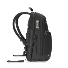 Load image into Gallery viewer, Briggs & Riley HTA Medium Slim Expandable Backpack - Black
Image of Backpack Side Panel with Leather Monogram Patch and Zippered Expandable Feature (shown in expanded position)
Dimensions: 16 in x 10.5 in x 6 in
Weight: 2.15 lbs.