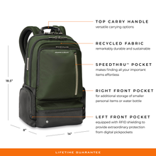 Load image into Gallery viewer, Briggs & Riley HTA Large Cargo Backpack - Hunter
Image of Feature Benefits, such as Top Carry Handle, Recycled Fabric, Speedthru Pocket, Right Front Pocket and Left Front Pocket.
Dimensions: 18.5" x 14" x 8"
Weight: 2.5 lbs.
