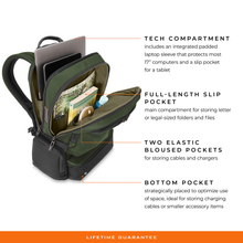 Load image into Gallery viewer, Briggs & Riley HTA Large Cargo Backpack - Hunter
Feature Benefit Diagram of Tech Compartment, Full-Length slip pocket, two elastic bloused pockets and bottom pocket.
Dimensions: 18.5" x 14" x 8"
Weight: 2.5 lbs.