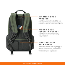 Load image into Gallery viewer, Briggs & Riley HTA Large Cargo Backpack - Hunter
Feature benefits of Air Mesh Back Padding, Hidden Back Security Pocket, and Slip-Through Back Panel allows backpack to slide over any Briggs & Riley Outside handle, transporting two bags as one.
Dimensions: 18.5" x 14" x 8"
Weight: 2.5 lbs.