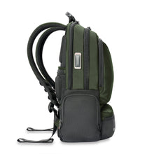 Load image into Gallery viewer, Briggs & Riley HTA Large Cargo Backpack - Hunter
Image of side panel view with leather monogram patch, allowing for up to 3 embossed letters to personalize your backpack
Dimensions: 18.5" x 14" x 8"
Weight: 2.5 lbs.